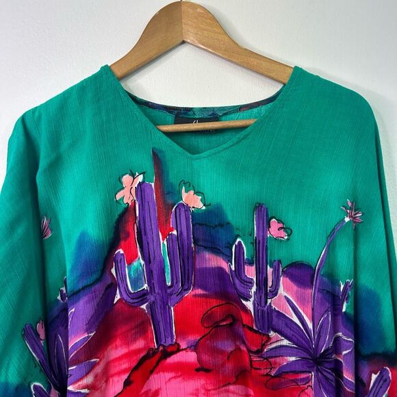 Carole Little Boho Southwestern Cactus Print Top Size L V-Neck‎ Oversized Artsy - Picture 2 of 12